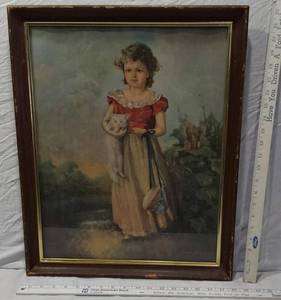 lot 152 image: Vintage Litho Jane Freeman Chums A Lass With Her Kitten approx. 18x22