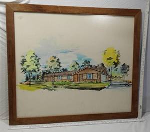 lot 155 image: Framed Architectural Watercolor Rendering approx. 34 12 x 33 12
