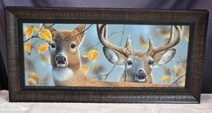 lot 79 image: Wisconsin Artist Jerry Gadamus Doe and Buck Framed Print approx.14x28