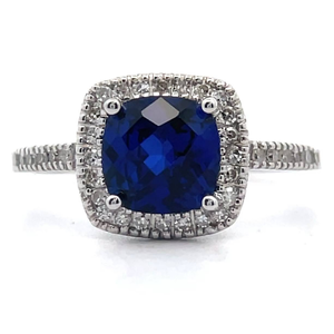 lot 12 image: NEW Checkerboard Blue Sapphire & Natural Diamond Pav Halo Ring in 14k White Gold VIDEO