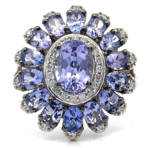 lot 44 image: BOLD XL Oval Tanzanite & Natural Diamond Flower Cluster Split Shank Ring VIDEO