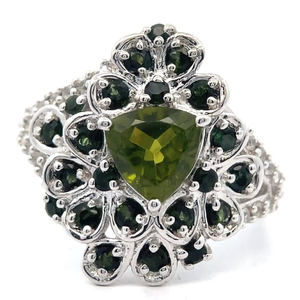 lot 45 image: Vibrant Moldavite & Green Tourmaline Cluster Ring VIDEO