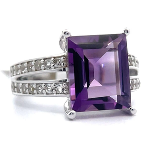 lot 39 image: NEW 4.87 Carat Amethyst Emerald Cut & White Topaz Split Shank Ring VIDEO