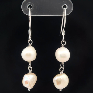 lot 49 image: NEW Freshwater Pearl Double Drop Linear Earrings w Shepherds Hooks