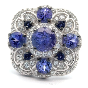 lot 37 image: NEW Tanzanite, Iolite & Natural Diamond Cluster Flower Ring VIDEO