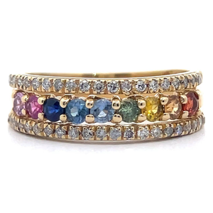 lot 36 image: Rainbow Sapphire & Natural Diamond Triple Row Ring in 14k Yellow Gold VIDEO