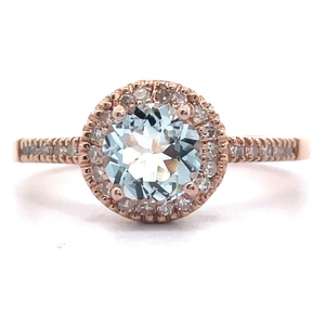 lot 29 image: NEW Aquamarine & Pav Natural Diamond Halo Ring in 14k Rose Gold VIDEO