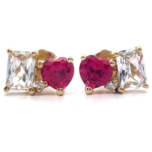 lot 28 image: Heart Ruby & White Sapphire Toi et Moi Stud Earrings in 14k Yellow Gold VIDEO