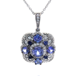 lot 37A image: Tanzanite & Natural Diamond Cluster Flower Drop Pendant Necklace VIDEO