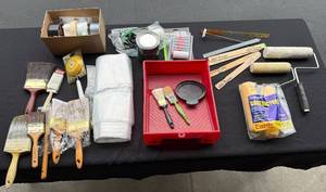 lot 21 image: Large Painters Supply Lot with Brushes, Rollers, Tray, Drop Cloths and Accessories