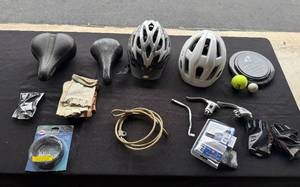 lot 27 image: Cycling Accessories Lot 2 Helmets, Saddles, Levers, Lock, Gloves, and More