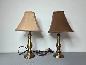 lot 43 image: Pair of Brass Table Lamps with Fabric Shades