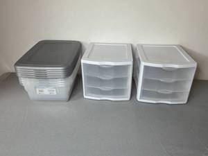 lot 46 image: Lot of 2 Three-Drawer Storage Organizers and Stackable Plastic Storage Bins