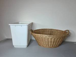 lot 48 image: Laundry Basket, Wicker Basket, and Plastic Storage Bin Set