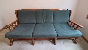lot 54 image: Vintage Ethan Allen Wood Frame Sofa with Green Cushions 80in Wide