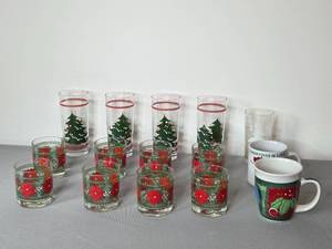 lot 61 image: Holiday Glassware Set with Christmas Tree and Poinsettia Designs - Glasses, Tumblers, Mugs