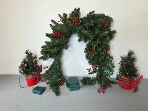 lot 69 image: Set of Lighted Holiday Decor Pieces with Garlands and Mini Trees (untested)