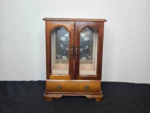 lot 74 image: Wooden Jewelry Cabinet with Glass Doors and Drawer, 12x9x5 Inches