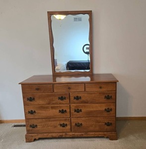 lot 79 image: Ethan Allen Early American Wooden Dresser with Mirror, 9 Drawers, 52x19x34 Inches