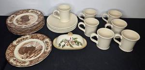 lot 87 image: Mixed Dinnerware Set with Maruta Ware Turkey Plates, Food Network White Currant Mugs, Plates, and HOME Butter Dish