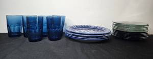 lot 88 image: Dinnerware Set with Blue Glass Tumblers, Glass Plates, and Decorative Porcelain Target Home Catalina Blue Medallion Dinner Plates