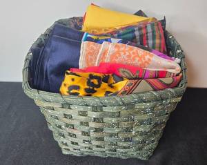 lot 98 image: Collection of Vintage Ladies Handkerchiefs and Scarves in Woven Basket