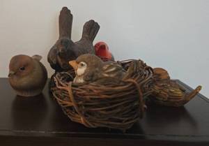 lot 126 image: Set of Decorative Bird Figurines with Wicker Nest
