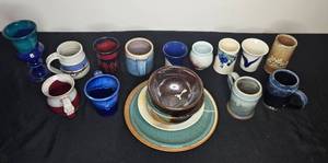lot 139 image: Collection of Handmade Pottery, Bowls, and Plates. Barnard Oak Mugs included