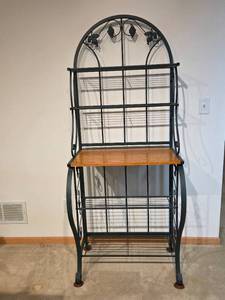 lot 145 image: Metal and Wood Bakers Rack with Decorative Accents, 69x28x20 Inches