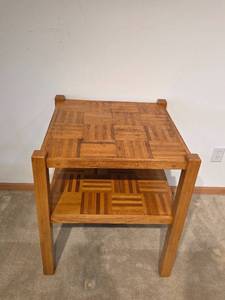 lot 146 image: Wood Side Table with Shelf, Parquet Design, 29x26x26 Inches