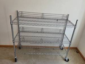 lot 158 image: 3-Tier Chrome Wire Shelving Rack on Casters 48x18x41 Inches