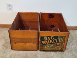 lot 166 image: Pair of Vintage Wooden Apple Crates with Big Wheel Label