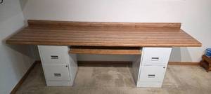 lot 176 image: Large Office Workbench Desk with File Cabinet Drawers 97in Wide