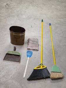 lot 177 image: Household Cleaning Supplies Set with Brooms, Dustpan, and Waste Bin