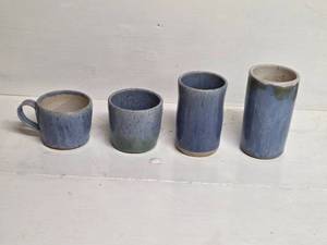 lot 178 image: Set of 4 Handcrafted Blue Glazed Pottery Cups and Tumblers