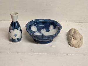 lot 179 image: Japanese Blue and White Porcelain Sake Bottle, Bowl, and Clay Sculpture Set