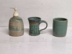 lot 183 image: Set of 3 Studio Pottery Pieces Mug, Tumbler, and Soap Dispenser