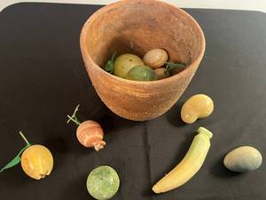 lot 194 image: Rustic Clay Pot with Assorted Alabaster Stone Fruit Collection