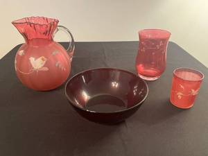 lot 201 image: 1890s Victorian Cranberry Glass Pitcher with Glass with Hand-Painted Floral, Red Glasses and Bowl Set