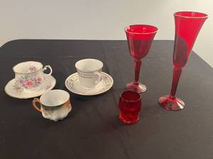 lot 205 image: Collection of Vintage Fine China Teacups and Ruby Red Glassware