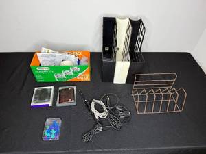 lot 217 image: Office Supplies Lot with Desk Organizers, Cables, Wallets, and Push Pins