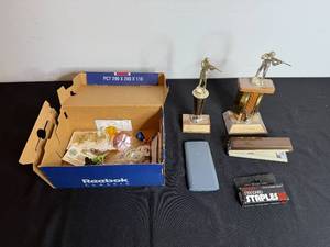 lot 218 image: Mixed Office Supplies Lot with Trophies, Calculator, and Desk Accessories