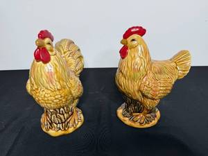 lot 221 image: Pair of Ceramic Rooster and Hen Figurines, 10 Inch Tall