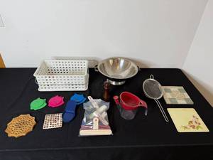 lot 223 image: Assorted Kitchenware Lot with Colander, Strainers, Baskets, and Tools