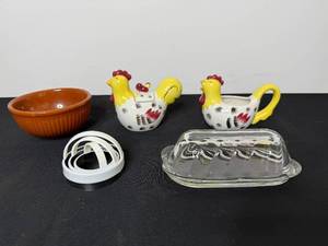 lot 237 image: Kitchenware Lot with Chicken Creamer and Sugar, Glass Butter Dish, Bowl, and Biscuit Cutter