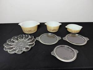 lot 241 image: Vintage Pyrex Mushroom Pattern Casserole Set with Lids and Glass Deviled Egg Tray