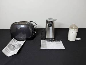 lot 243 image: Oster Toaster, Hamilton Beach Can Opener, and Proctor Silex Grinder Set