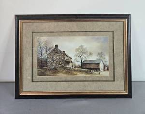 lot 264 image: Framed Country Stone House and Barn Artwork, 25x18 Inches