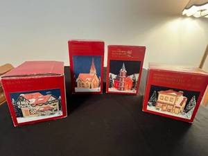 lot 265 image: Set of 4 Dickens Collectables Hand-Painted Porcelain Lighted Houses - all still in pkg