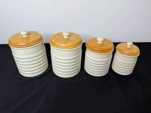 lot 279 image: Set of 4 VTG Furio Ceramic Kitchen Canisters with Wood Lids